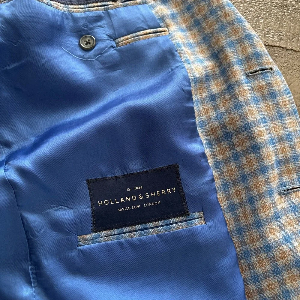 Bespoke Holland & Sherry Tom James Check Wool Sport‎ Coat Tailored Fit Blue 46L